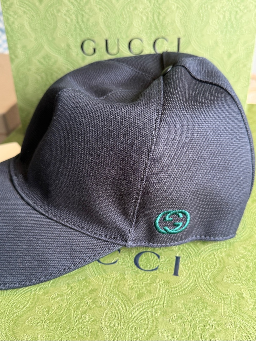Authentic Gucci Black Baseball Cap with Green Double-G Stitch
With box and bag